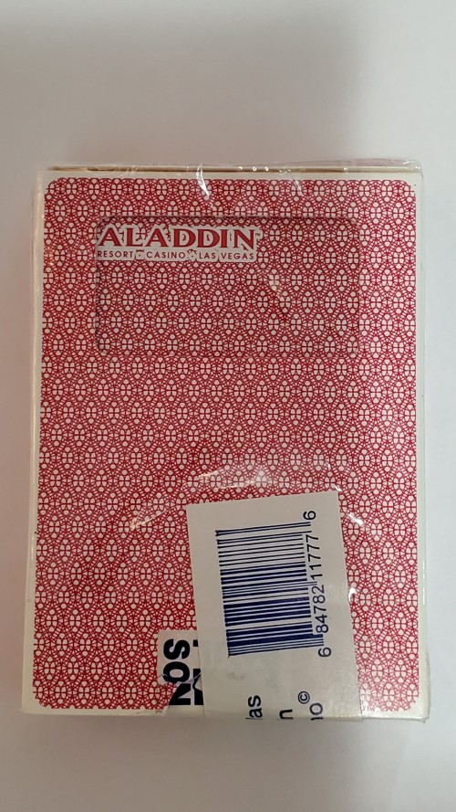 The back of a red deck Aladdin Resort Casino playing cards.